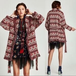 NWOT Zara Woman Red Belted Fringed Tibetan Sherpa Jacket